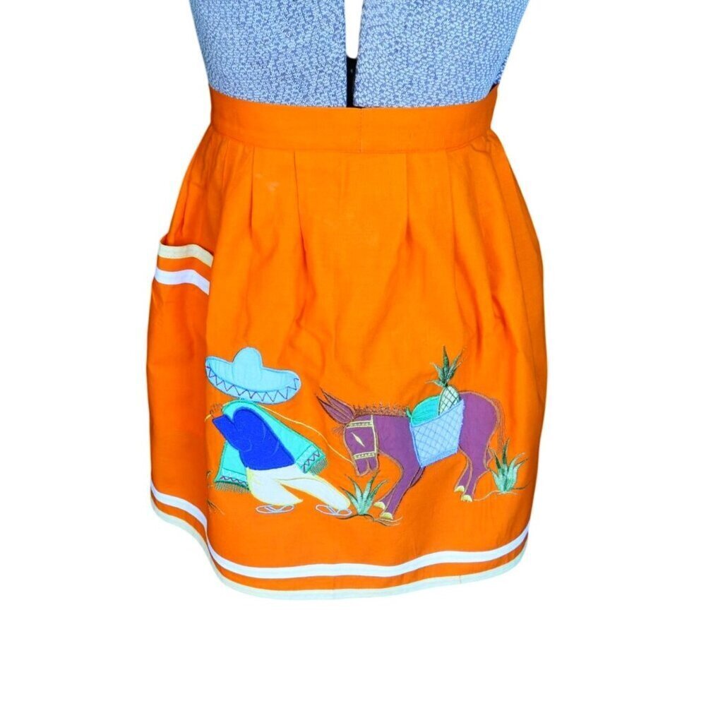 Vintage Apron Appliqued Mexican Farmer & Donkey Orange